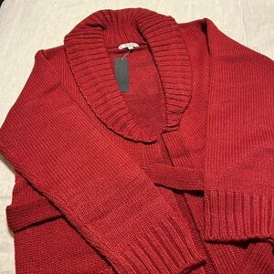 Focus Shawl-Collar Belted Knit Cardigan in Cranberry